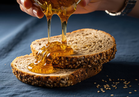 Thick golden honey streams onto crunchy slices of seeded multigrain toast, emphasizing natural sweetness, texture, and healthy breakfast ingredients against a dark background.の素材
