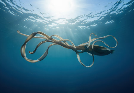 Large squid swimming in open blue water. the creature long tentacles flow dramatically, backlit by bright sun rays filtering through the rippling ocean surface.の素材