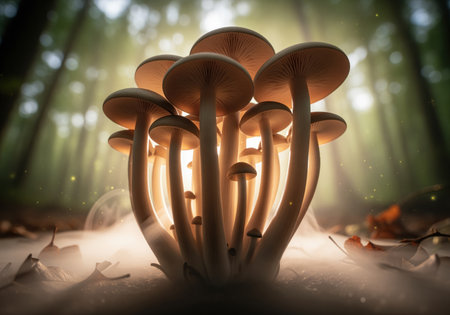 Cluster of tall, luminous mushrooms dramatically backlit in a dark, misty forest setting. ethereal sunbeams penetrate the canopy, creating a magical, fantasy woodland scene.の素材