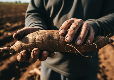 Weathered hands of a farmer covered in soil holding a large, freshly harvested cassava root outdoors in a cultivated field. focus on agriculture, food production, and manual labor.の素材