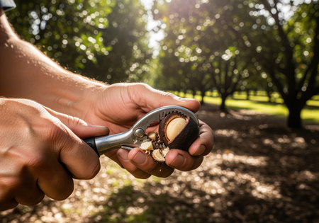 Hands cracking a macadamia nut in its hard shell with a metal nutcracker, set against the backdrop of a sunny macadamia orchard.の素材