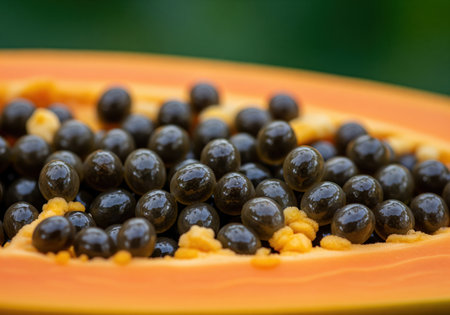 Glistening black papaya seeds clustered tightly inside the vibrant orange cavity of the tropical fruit. focus on texture, freshness, healthy eating, and exotic flavor.の素材