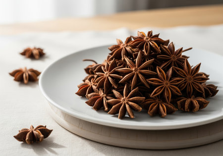 Whole dried star anise pods stacked on a white ceramic plate, featuring their distinct star shape and deep brown color. used for flavor, aroma, and baking.の素材