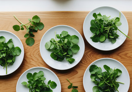 Fresh vibrant green watercress sprigs meticulously arranged on multiple small white plates, viewed from overhead on a light wooden cutting board. healthy eating and culinary preparation concept.の素材