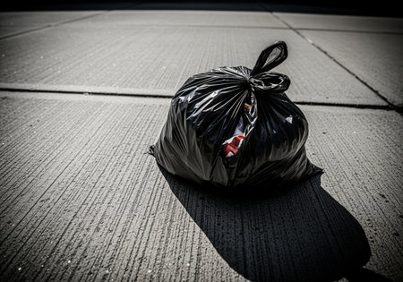 Black plastic garbage bag, tightly tied, resting on rough concrete pavement under harsh, dramatic lighting. represents waste, disposal, urban environment, and pollution.の素材