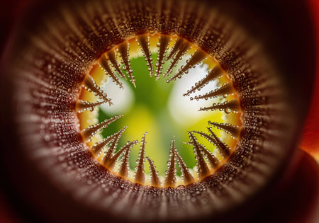Extreme macro photograph capturing the interior of a dark, tubular plant structure. sharp, spine like edges are covered in tiny, reflective water droplets, leading to a bright, blurry green background.の素材
