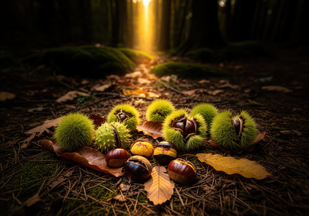 Fresh chestnuts, some still encased in their spiky green husks, scattered among dry autumn leaves and pine needles on the dark forest floor, highlighted by a golden sunbeam.の素材