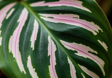 Calathea leaf close up displaying intricate texture and vibrant variegation. dark green surface contrasted by bold white and delicate pink stripes. natural botanical pattern background.の素材