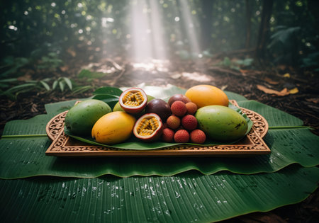 Bountiful arrangement of ripe tropical fruits including green and yellow mangoes, halved passion fruit, and lychee, presented on a decorative wooden tray resting on wet banana leaves in a dark, atmospheric jungle illuminated by sunbeams.の素材