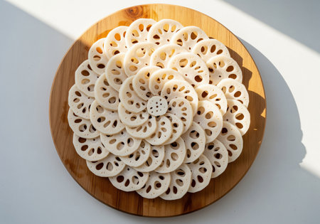 Freshly peeled and thinly sliced lotus root arranged in a precise geometric spiral pattern on a light wooden serving platter. healthy, raw vegetable ingredient used in asian cuisine, captured from a top down perspective.の素材