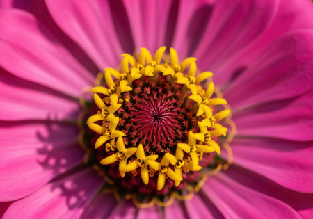 Extreme macro photograph capturing the intricate center of a vibrant magenta zinnia flower. detailed view showing pink petals surrounding the dark red disc and bright yellow stamens. nature, botany, and summer concept.の素材