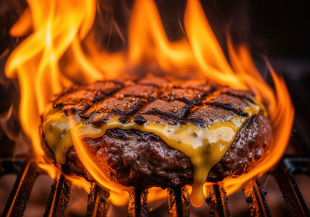 Thick, juicy beef patty with grill marks and melting yellow cheese sizzling intensely on a hot barbecue grate, surrounded by dramatic orange flames.の素材