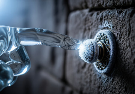 Futuristic, translucent glass finger gently touches a vintage, frost covered doorbell mounted on a dark, textured brick wall. represents cold technology, contrast, and connection.の素材