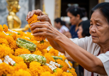 Elderly woman performing a traditional buddhist ritual, arranging bright orange marigold flowers and garlands near a golden statue, symbolizing devotion and faith.の素材