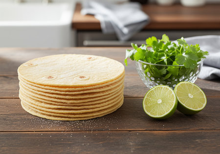 Corn tortillas piled high on a dark wooden surface, accompanied by essential taco ingredients, vibrant green cilantro in a glass bowl and freshly sliced lime.の素材
