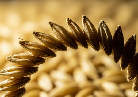 Extreme macro view of golden barley grains arranged in a precise, curved, overlapping pattern. detailed texture highlights the husks against a soft, golden background, emphasizing agriculture and harvest concepts.の素材
