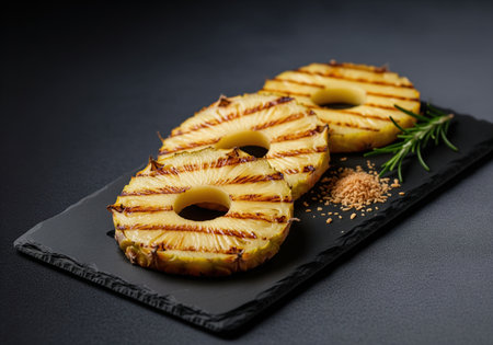 Caramelized grilled pineapple rings with visible char marks served on a dark slate board, garnished with rosemary and brown sugar, presented in a studio setting.の素材