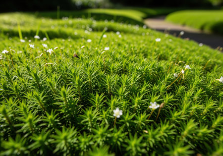 Dense, vibrant green ground cover texture featuring tiny white flowers, captured in a sunny garden environment with a shallow depth of field highlighting the lush foliage.の素材