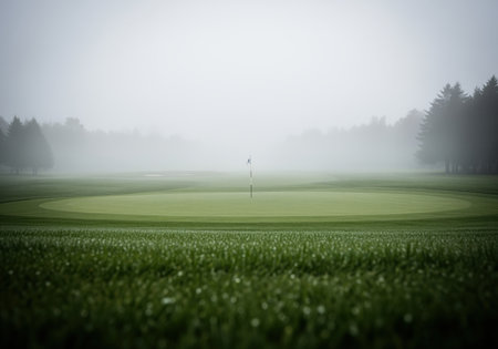 Lush green golf course putting green and fairway obscured by thick morning fog. flagstick stands alone against the misty, atmospheric landscape bordered by dark forest trees.の素材