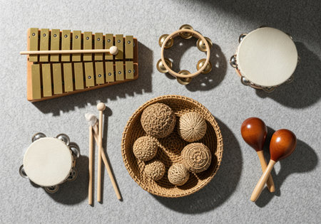 Glockenspiel, two tambourines, wooden maracas, and mallets arranged in a flat lay composition on a gray textured surface. includes a woven basket with natural fiber balls, emphasizing music education and rhythm.の素材