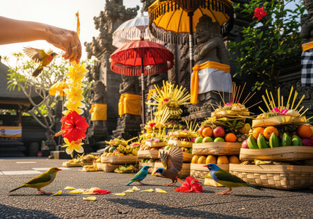 Balinese hindu offerings gebogan stacked with fruit and flowers outside a temple, surrounded by colorful tropical birds and a woman hand holding a garland.の素材