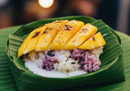 Mango sticky rice khao niao mamuang served in a banana leaf bowl. sliced ripe yellow mango rests on white and purple sticky rice, topped with sweet coconut cream and sesame seeds. traditional southeast asian dessert.の素材