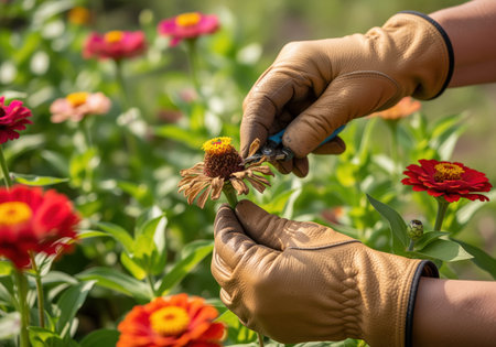 Gardener hands in leather gloves removing a spent zinnia flower head with pruning shears. focus on horticulture, plant care, and summer gardening.の素材