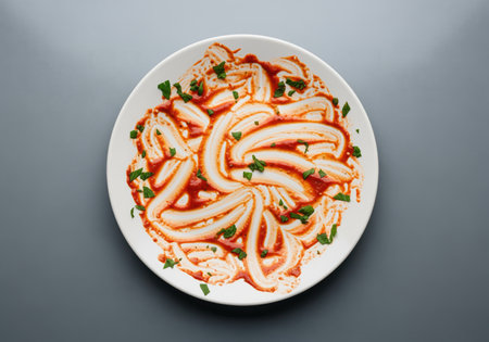 Empty white dinner plate covered in messy, swirling smears of red tomato sauce and scattered green herbs, viewed from above on a gray surface. symbolizes a finished, satisfying meal or the need for cleaning.の素材