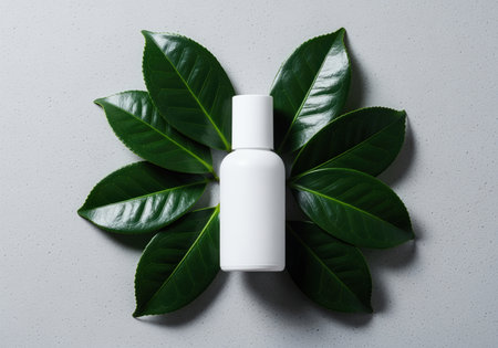 Blank white cosmetic bottle centered on a gray background, elegantly framed by glossy, dark green camellia leaves. ideal for natural beauty and organic skincare product mockups.の素材