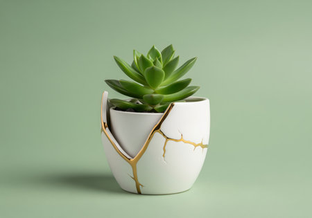 Potted succulent in a kintsugi repaired white ceramic planter featuring prominent golden lines, symbolizing resilience and embracing imperfection on a sage green backdrop.の素材