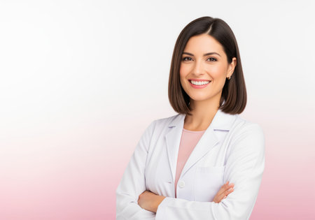 Confident female doctor or medical professional wearing a white lab coat and pink shirt, smiling brightly with arms crossed. professional studio portrait representing healthcare, science, and expertise.の素材