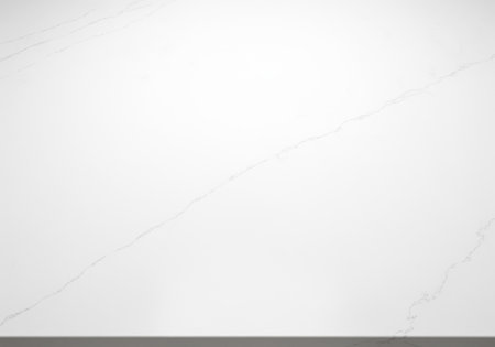 Pristine white quartz surface featuring subtle, faint grey diagonal veining, ideal for luxury kitchen countertop, bathroom wall, or modern interior design background texture.の素材