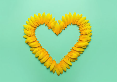 Bright yellow sunflower petals meticulously arranged to form a perfect heart shape. flat lay composition on a clean mint green background, symbolizing love, nature, and summer.の素材