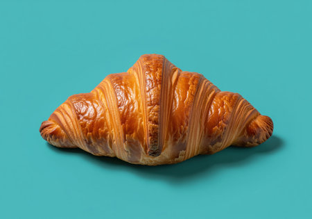 Golden brown flaky croissant pastry, perfectly baked and centered on a vibrant turquoise blue background. delicious french breakfast food symbolizing bakery quality.の素材