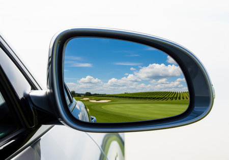 Lush green landscape with rows of plants and bright blue sky reflected clearly in the side mirror of a modern car. concept of travel, journey, and perspective.の素材