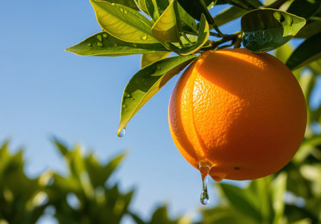 Orange fruit hanging from a leafy branch, glistening with large water droplets dripping from the bottom, set against a clear, sunny blue sky. represents freshness, juice, and organic growth.の素材