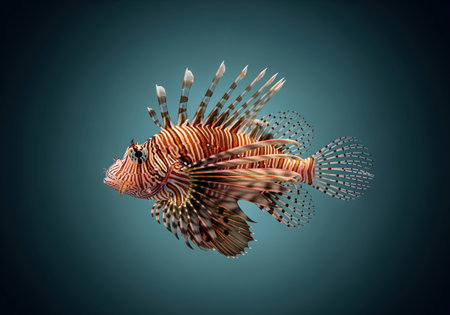 Lionfish specimen featuring striking red and white stripes, elaborate fins, and long venomous dorsal spines. marine life study isolated on a deep teal background.の素材