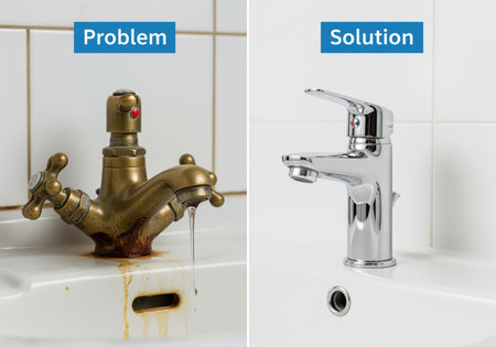 Old rusty leaking brass faucet contrasted with a new, clean, modern chrome tap on a white sink, illustrating a plumbing problem and solution.の素材