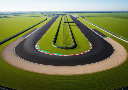 Freshly paved asphalt racetrack featuring a sharp hairpin curve with red and white curbing, viewed from a high aerial perspective. surrounded by vast, bright green fields under a clear sky.の素材