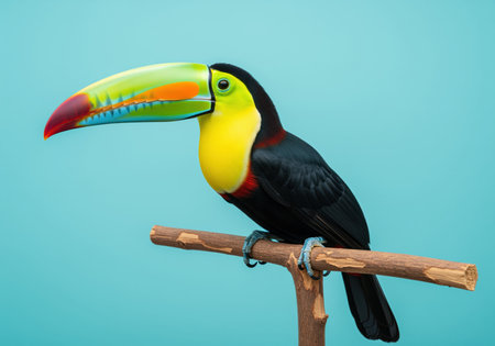 Keel billed toucan perched on a wooden branch. the exotic bird features black plumage, a bright yellow chest, and a massive, multicolored beak against a vibrant blue studio background.の素材