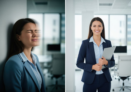 Businesswoman in a suit, shown in a two panel contrast, one side depicts her suffering from dizziness and vertigo, eyes closed against a wall, while the other side shows her smiling, healthy, and successful in a modern office environment. this illustrates a before and after concept of relief.の素材