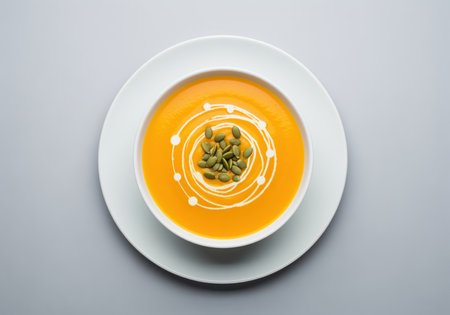 Vibrant orange pumpkin cream soup served in a white bowl, elegantly garnished with a cream swirl and green pumpkin seeds. perfect for autumn menus, healthy eating, and gourmet food concepts.の素材