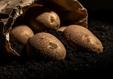 Raw, unwashed potatoes with rugged skin emerging from a brown paper sack onto black dirt, emphasizing farming, harvest, and organic food concepts.の素材