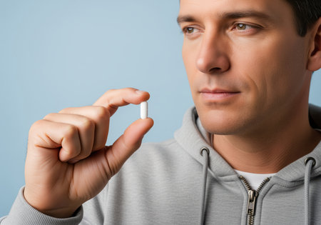 Man in a gray hoodie holding a small white medicine capsule between his fingers, examining the dosage against a light blue background. focus on health, treatment, and pharmaceutical products.の素材