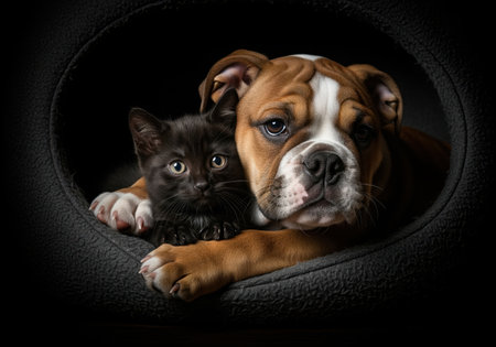 Black kitten with wide eyes rests next to a brown and white english bulldog puppy inside a dark, cozy pet bed. low key studio portrait emphasizing companionship and friendship.の素材
