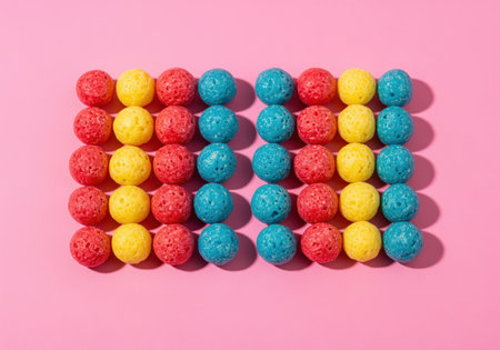 Brightly colored red, yellow, and blue spherical breakfast cereal pieces arranged in two symmetrical 4x4 grids on a vibrant pink background. studio shot, top view, emphasizing pattern, texture, and vibrant color contrast.の素材