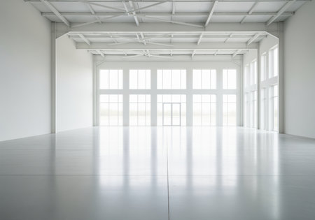 Spacious, bright, empty white commercial warehouse interior featuring high structural truss ceilings and expansive window walls. polished floor reflects natural light, providing ample copy space.の素材