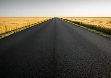 Straight black asphalt road stretching toward the horizon, flanked by vast fields of ripe golden grain ready for harvest in the summer sun.の素材