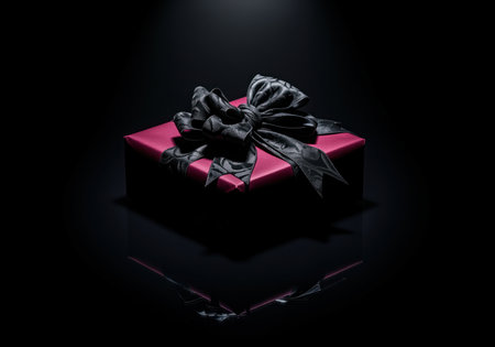 Magenta gift box wrapped with a luxurious black satin ribbon and bow, dramatically illuminated in a low key studio setting on a reflective dark surface. perfect for luxury holiday and celebration themes.の素材