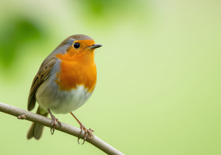European robin bird with a bright orange breast and face perched firmly on a small wooden branch. detailed wildlife photography against a soft, blurred green natural background, emphasizing color and detail.の素材